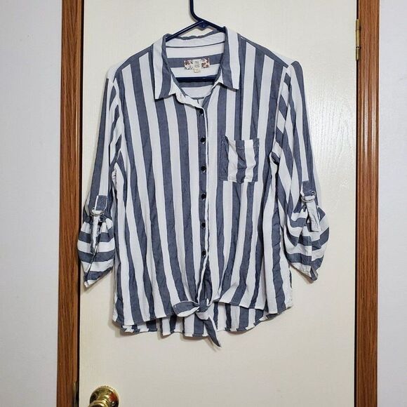 Pink Rose Womans Sz XL Blue Stripe Button Front Tie Hem Long Sleeve Top - Picture 2 of 6